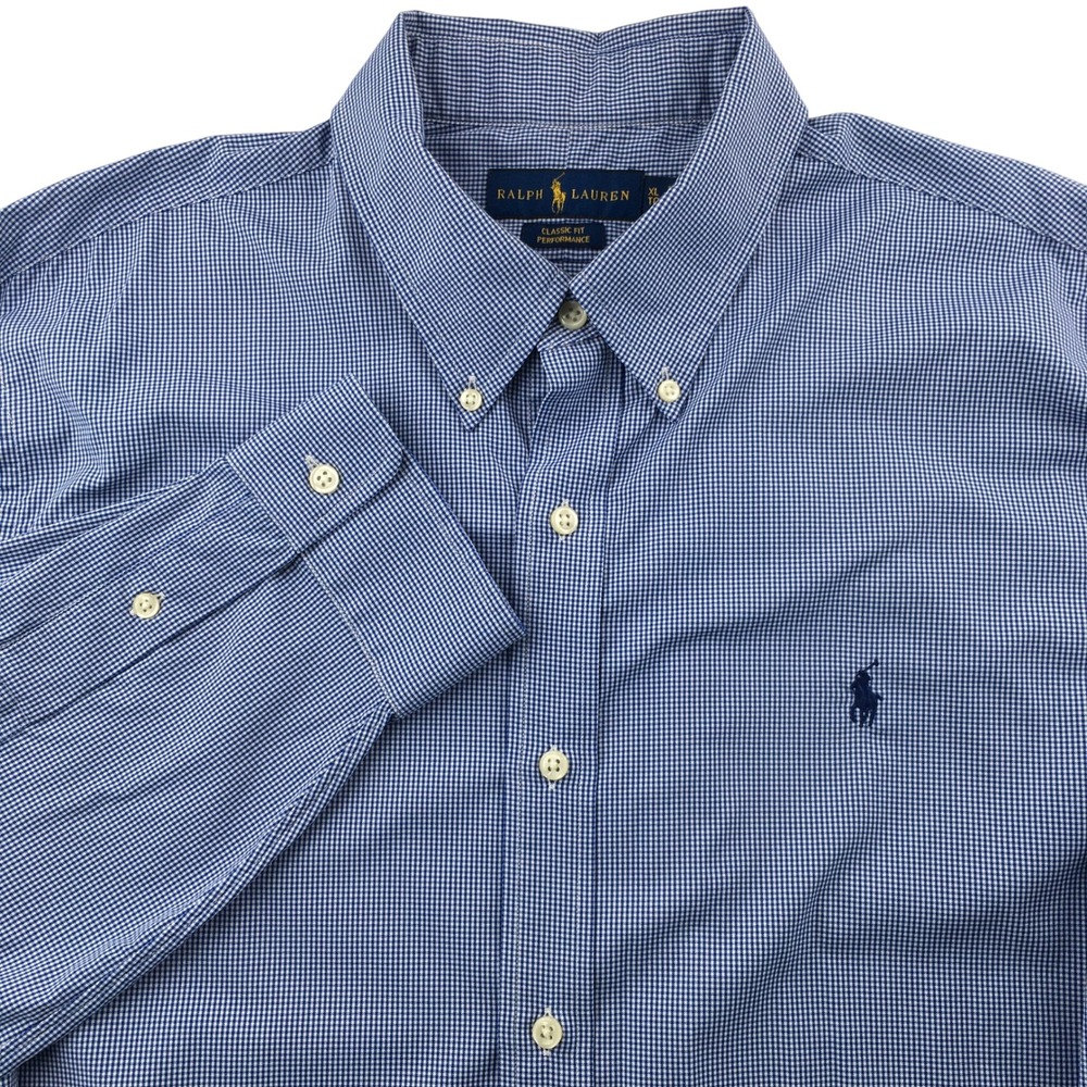 Ralph Lauren Performance Shirt Mens XL Blue Gingham Classic Fit Button Down